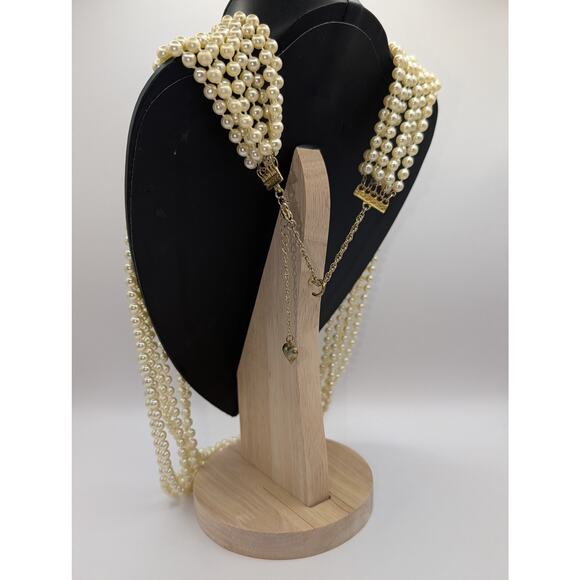 Multi-Strand Cream Faux Pearl Statement Necklace with Gold-Tone Accents - Picture 4 of 5